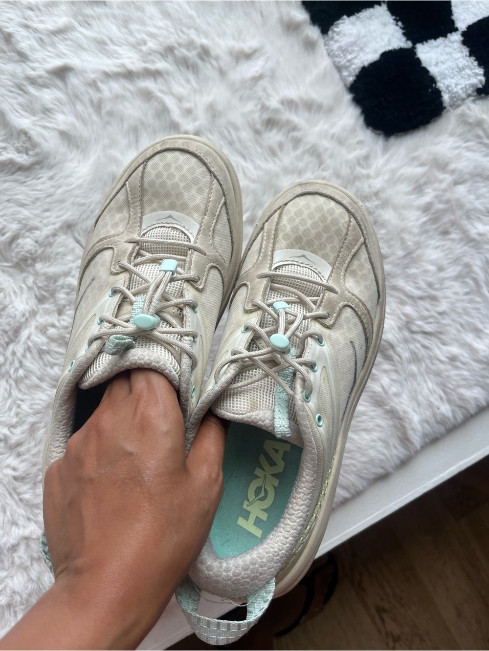 Hoka Beige Sneakers with Mint Accents